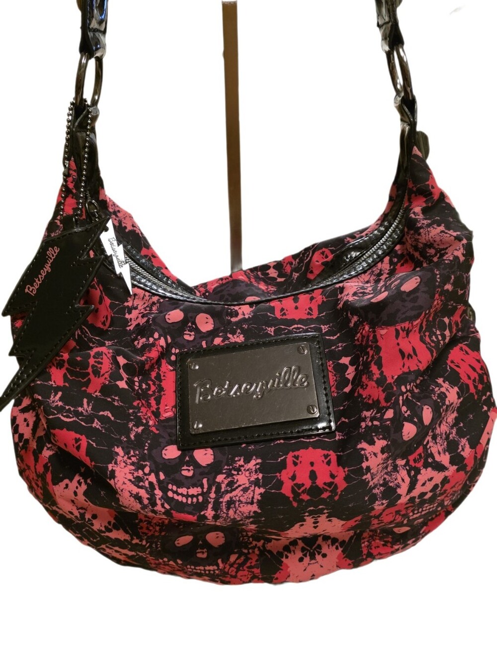 VTG Rare Betseyville Pink Black Skull Hobo Shoulder Bag Lightning Bolt